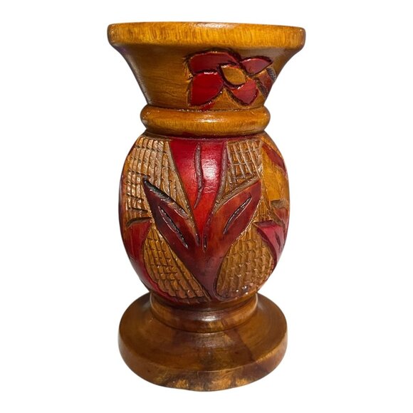Hand-Carved Central American Wood Shallow Bud Vase – Red Floral Relief – Small R - Picture 3 of 5